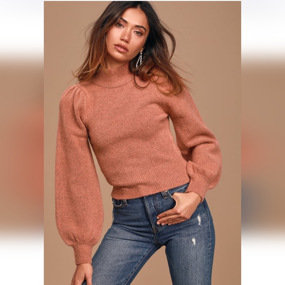Piece of My Heart Rusty Rose Mock Neck Puff Shoulder Sweater